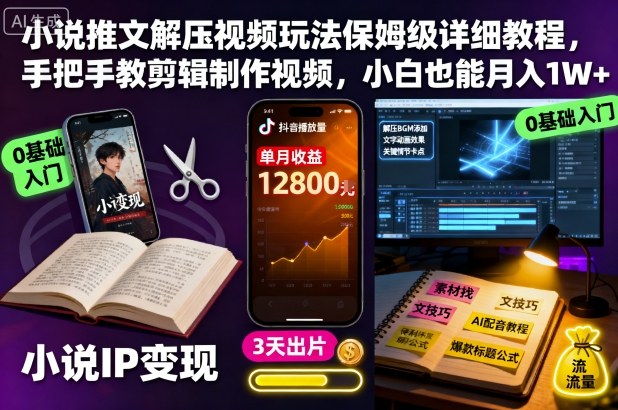 小说推文解压视频玩法保姆级详细教程，手把手教剪辑制作视频，小白也能月入1W+-网亿资源平台
