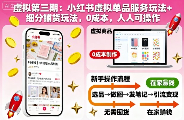 虚拟第三期：小红书虚拟单品服务玩法+细分铺货玩法，0成本，人人可操作-网亿资源平台
