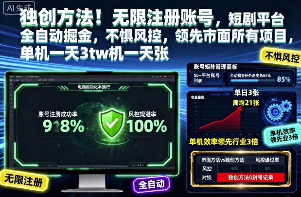 独创方法！无限注册账号，短剧平台全自动掘金，不惧风控，领先市面所有项目，单机一天3张【揭秘】-网亿资源平台