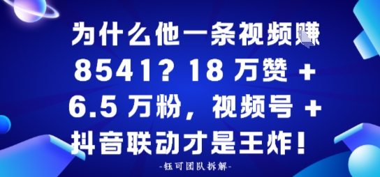 为什么他一条视频賺8541？18万赞+6.5 W粉，视频号+抖音联动才是王炸！-网亿资源平台