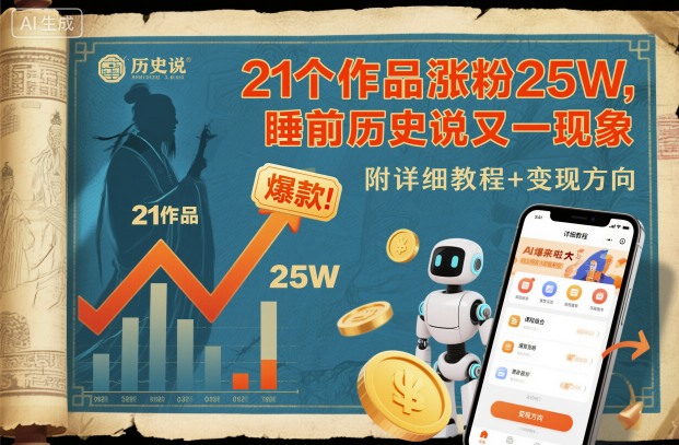 21个作品涨粉25W,睡前历史说又一现象级AI内容大爆款来啦,附详细教程+变现方向-邪修侠 - 演示