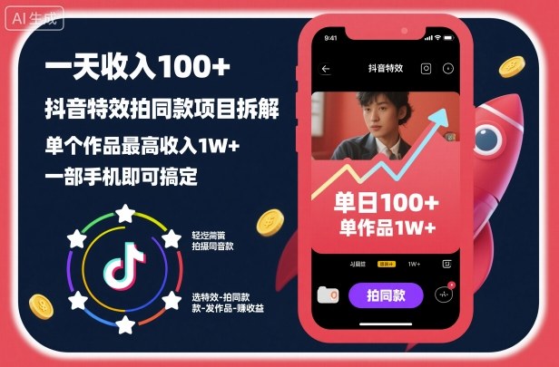 一天收入100+,抖音特效拍同款项目拆解,单个作品最高收入1W+,一部手机即可搞定 一天收入100+,抖音特效拍同款项目拆解,单个作品最高收入1W+,一部手机即可搞定