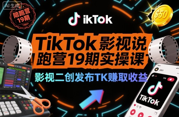 TikTok影视解说陪跑营19期实操课，影视二创发布TK賺取收益，万播收益50美金-网亿资源平台