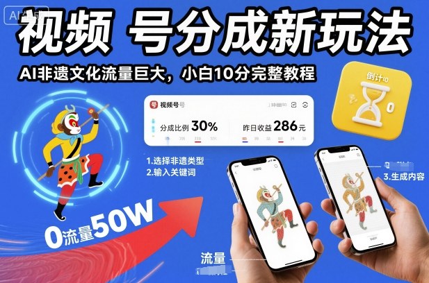视频号分成新玩法,AI非遗文化流量巨大,小白10分钟搞定,完整教程-邪修侠 - 演示