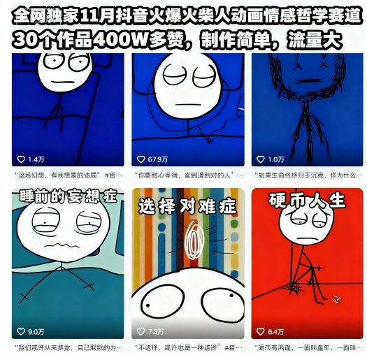 全网独家11月抖音火爆火柴人动画情感哲学赛道,30个作品400W多赞,制作简单,流量大【教学+素材】 全网独家11月抖音火爆火柴人动画情感哲学赛道,30个作品400W多赞,制作简单,流量大【教学+素材】