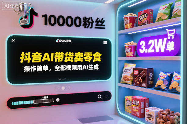 抖音AI带货卖零食，操作简单，全部视频用AI生成，一万粉丝，卖了3.2W单-网亿资源平台