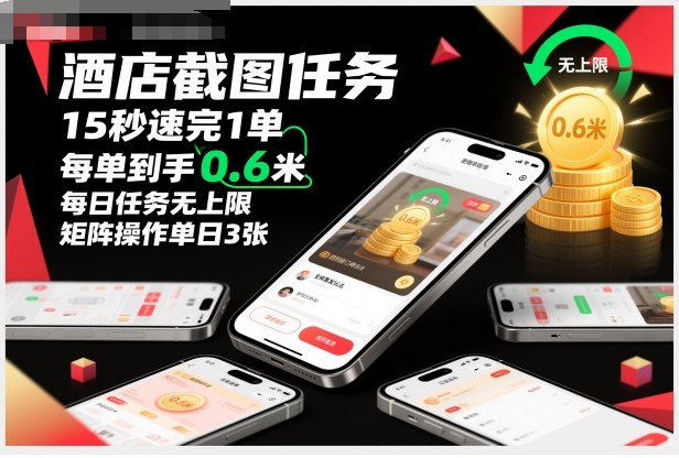 酒店截图任务，15秒速完1单，每单到手0.6米，每日任务无上限，全网首发玩法，矩阵操作单日3张【揭秘】-网亿资源平台