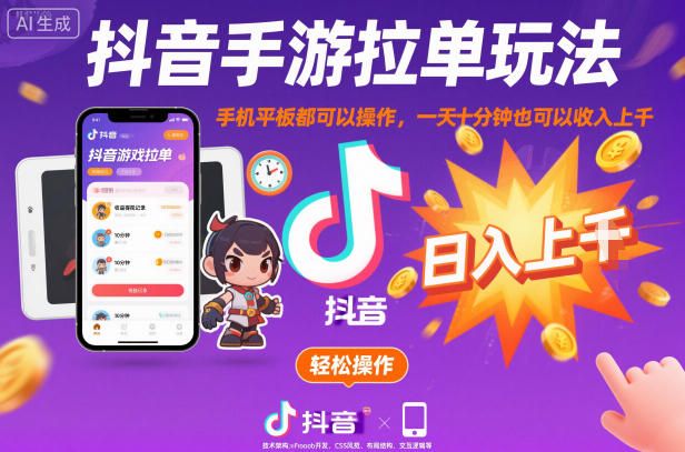 抖音手游拉单玩法，手机平板都可以操作，一天十分钟也可以收入上K【揭秘】-邪修侠 - 演示