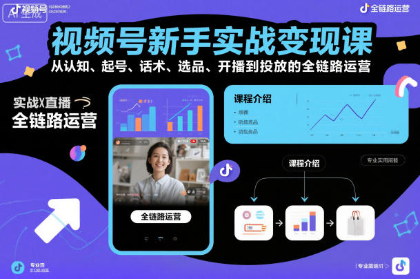视频号新手实战变现课，从认知、起号、话术、选品、开播到投放的全链路运营-网亿资源平台