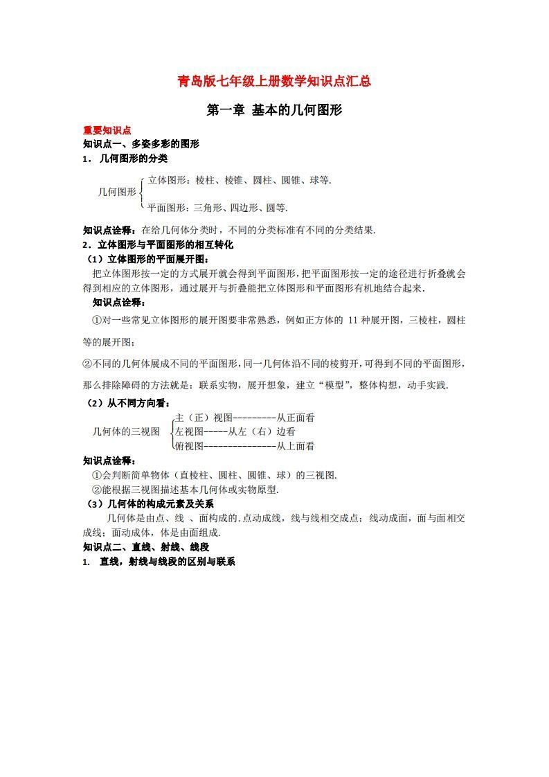 青岛版七年级上册数学知识点汇总-网亿资源平台