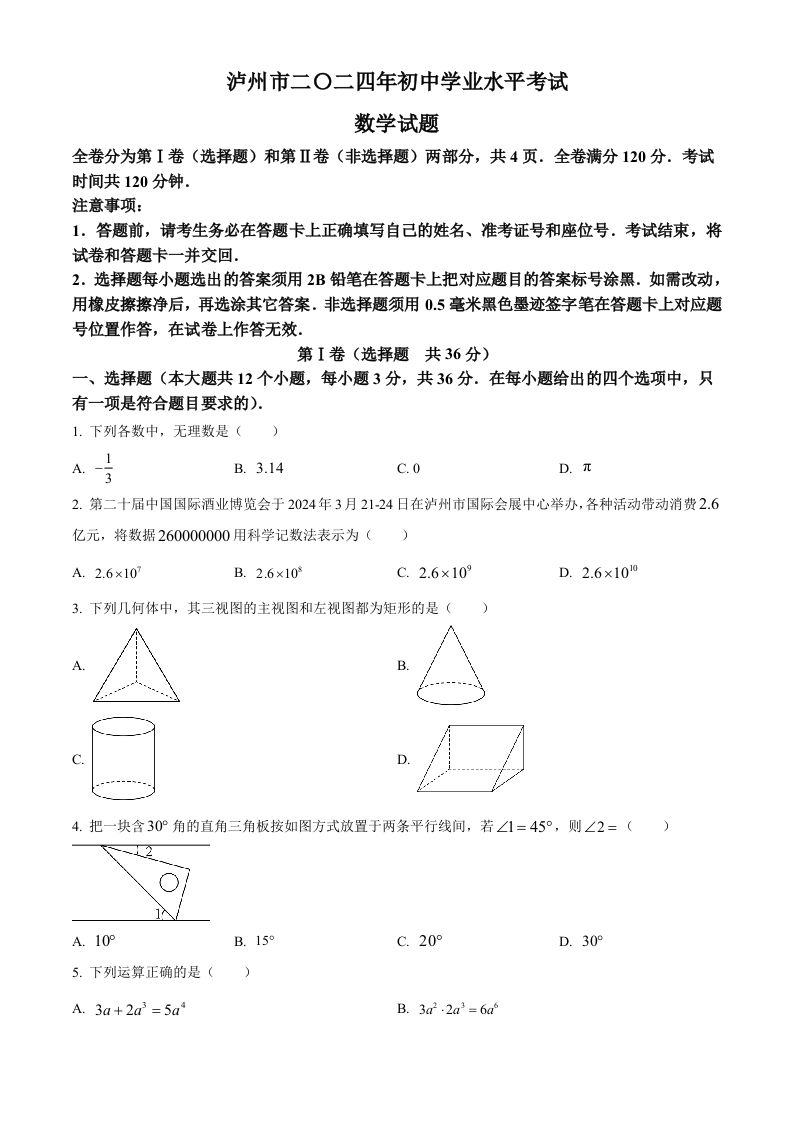 2024年四川省泸州市中考数学试题（空白卷）-网亿资源平台