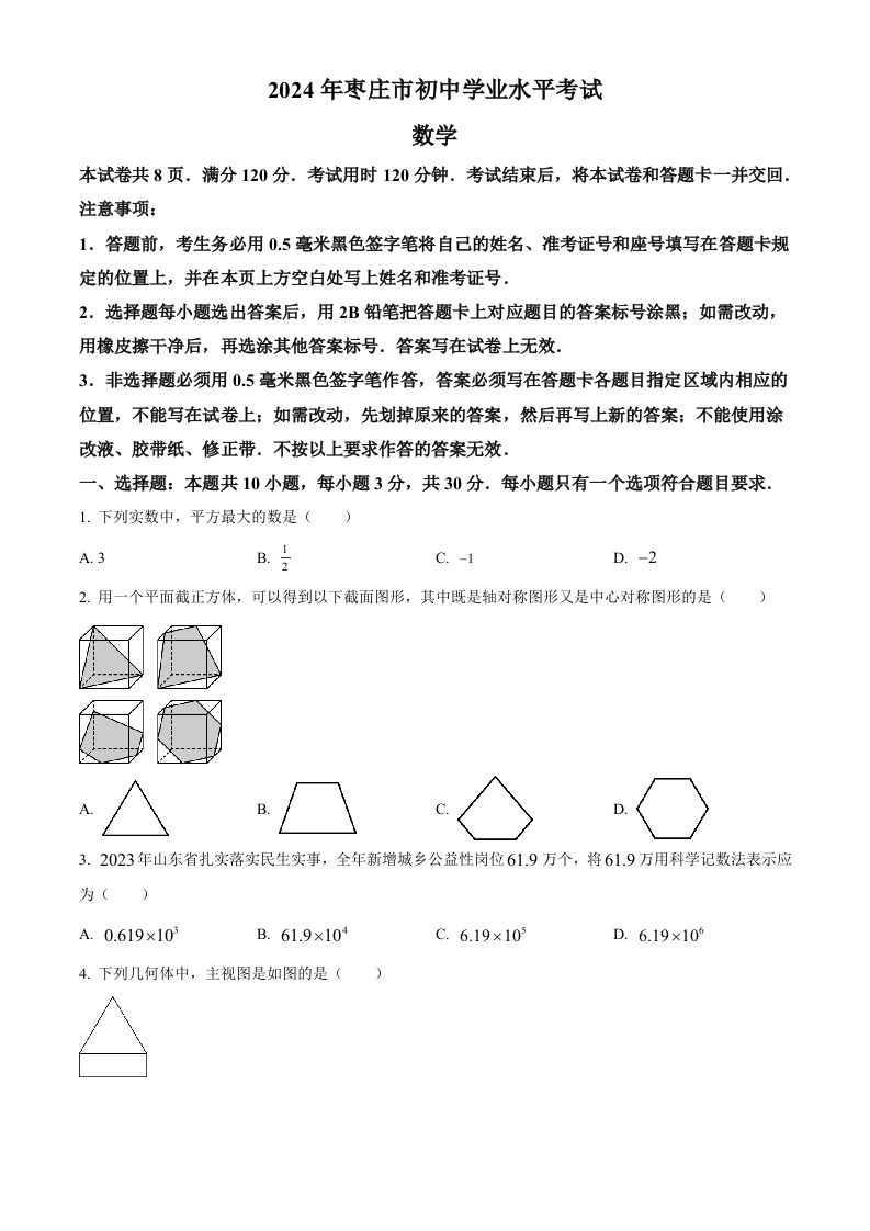 2024年山东省枣庄市中考数学试题（枣庄聊城临沂菏泽）（空白卷）-网亿资源平台