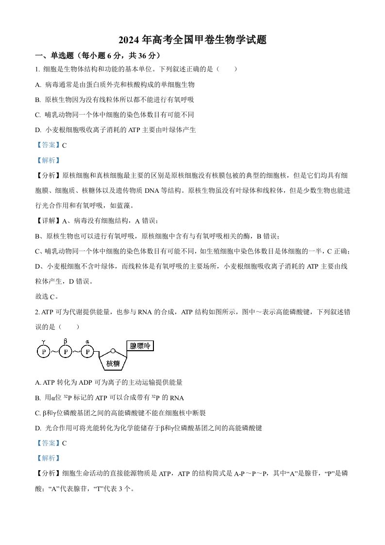 2024年高考生物试卷（全国甲卷）（含答案）-网亿资源平台