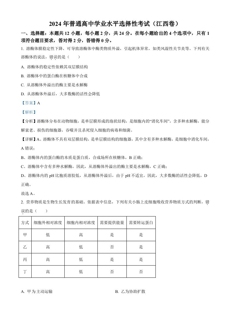 2024年高考生物试卷（江西）（含答案）-网亿资源平台