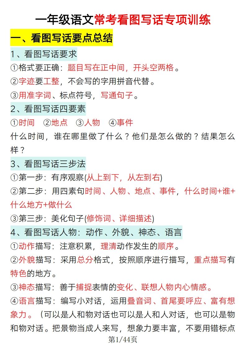 2025一年级语文下册看图写话要点总结+常考看图写话专项训练-网亿资源平台