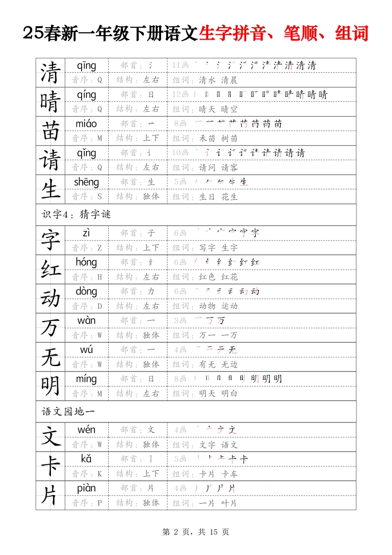 25春新一下语文生字拼音、笔顺、组词（15页）