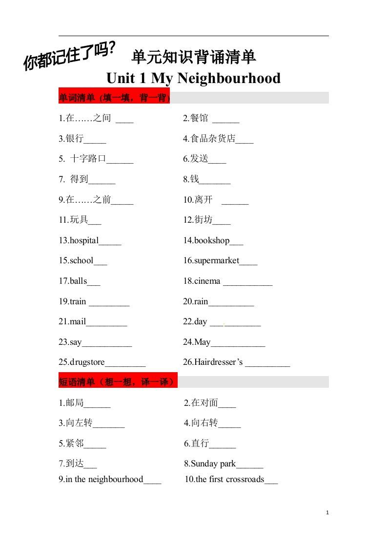 ❤四年级英语下册单元知识背诵清单Unit1MyNeighbourhood人教新起点（含答案）-网亿资源平台
