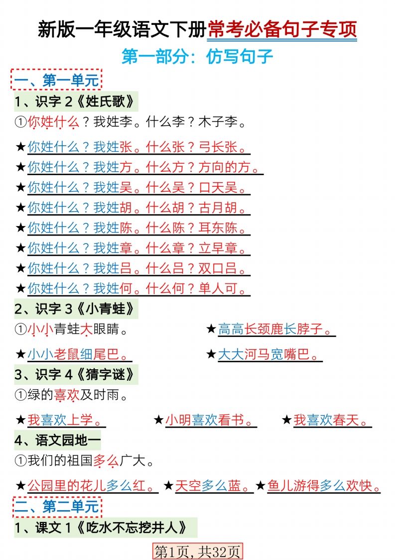 【句子专项】新版一年级语文下册常考必备句子专项(1)-网亿资源平台