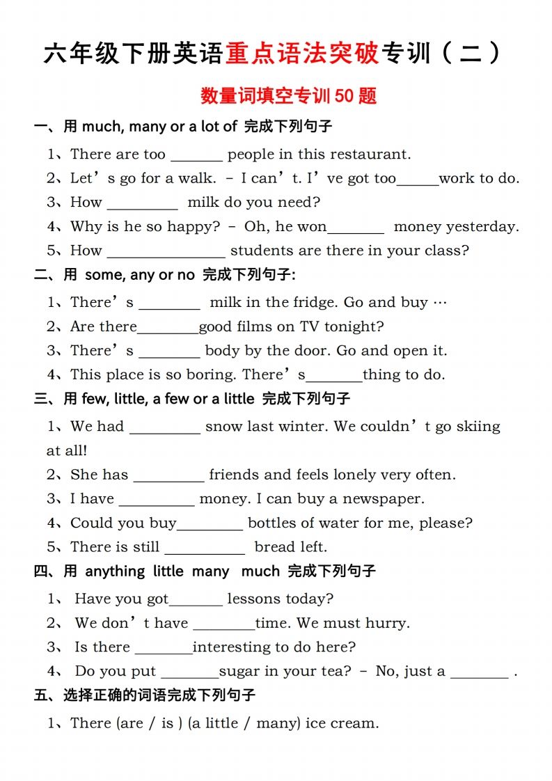 六年级下册人教PEP英语重点语法突破专项训（二）数量词填空-网亿资源平台