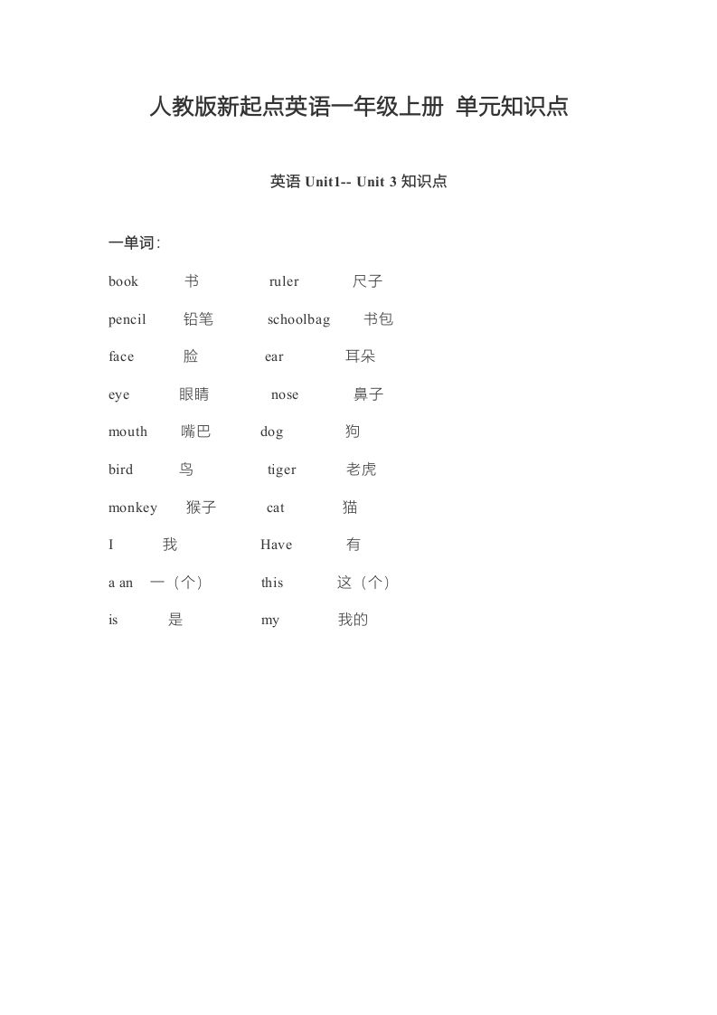 一年级英语上册单元知识点（人教一起点）-网亿资源平台
