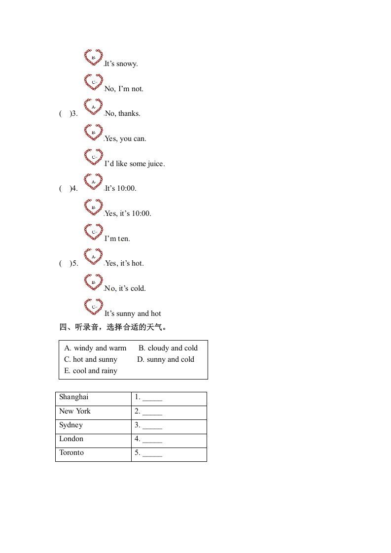 四年级英语下册Unit3WeatherPartB同步听力训练人教PEP版