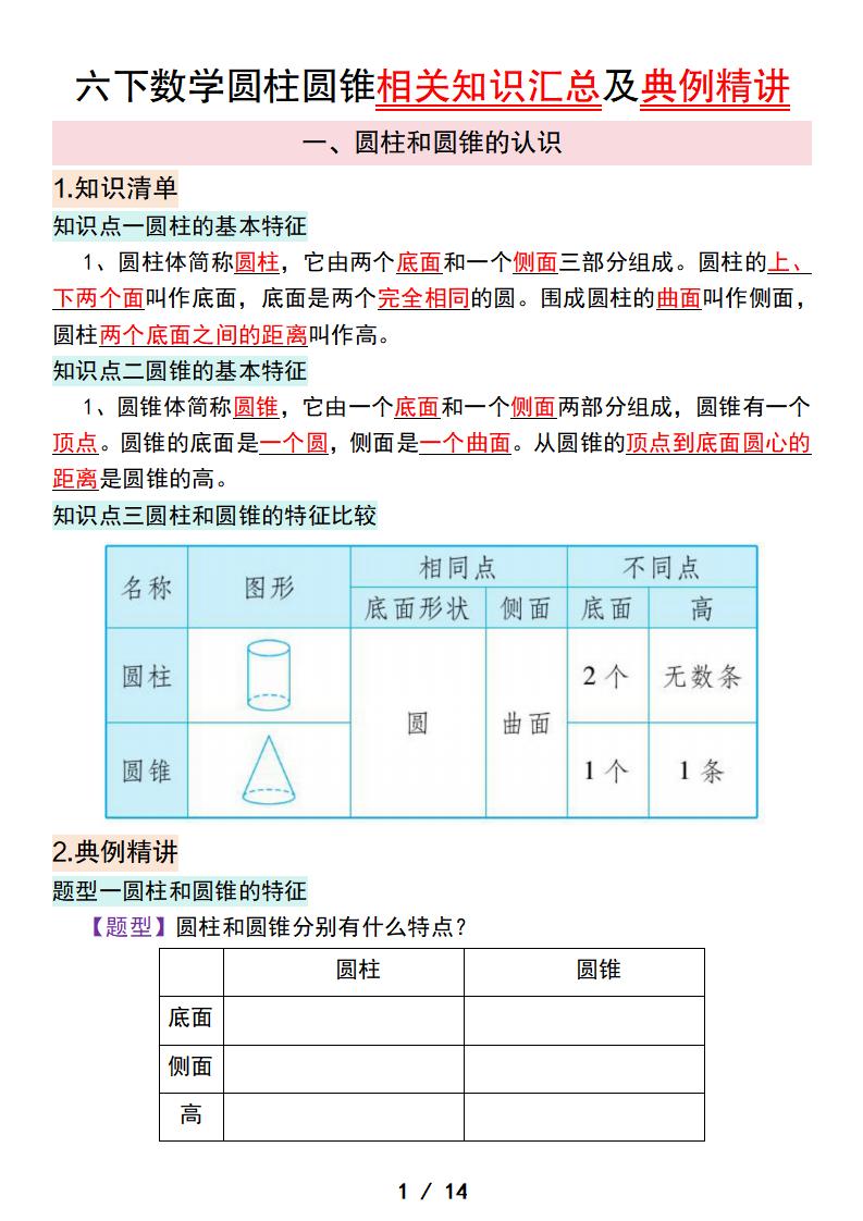 六下数学圆柱圆锥相关知识汇总及典例精讲-网亿资源平台
