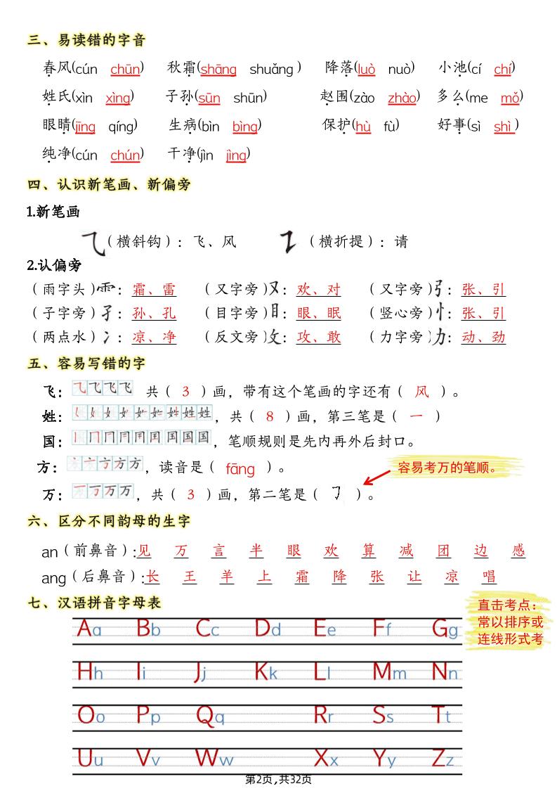 25新一下语文1-8单元考点知识背记（32页）