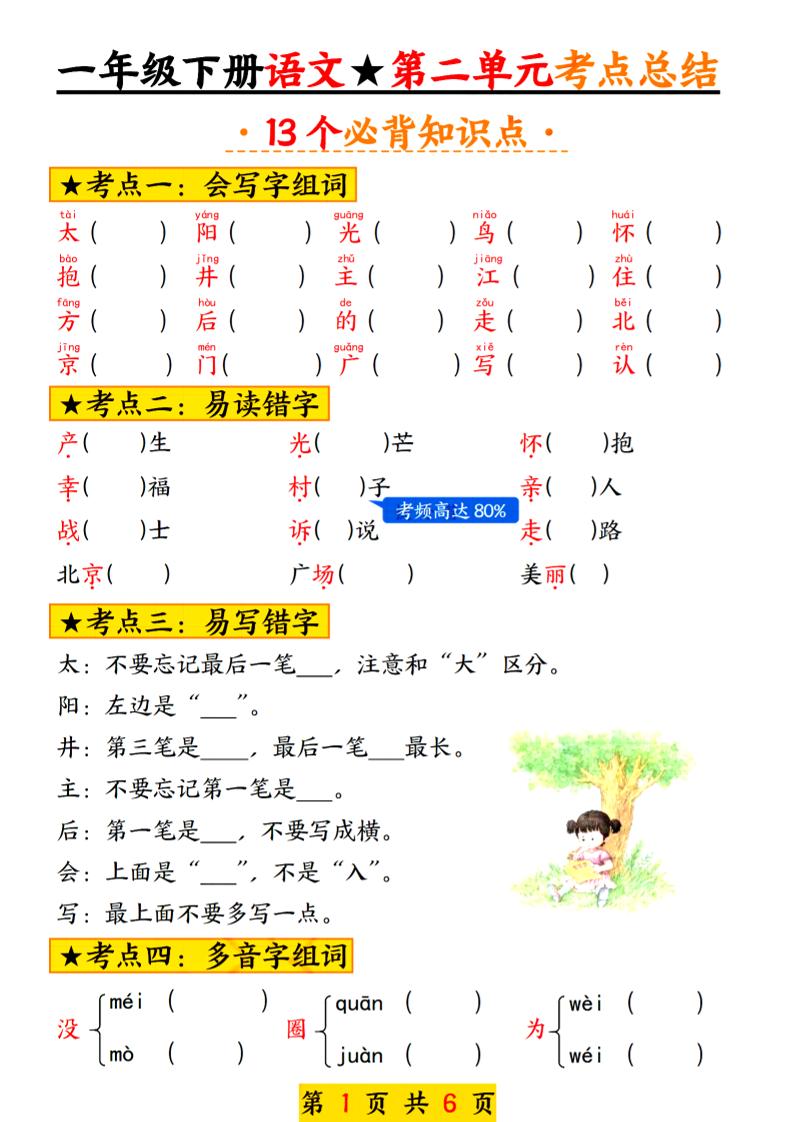 2025新版一年级语文下册第二单元考点总结13个必背-网亿资源平台
