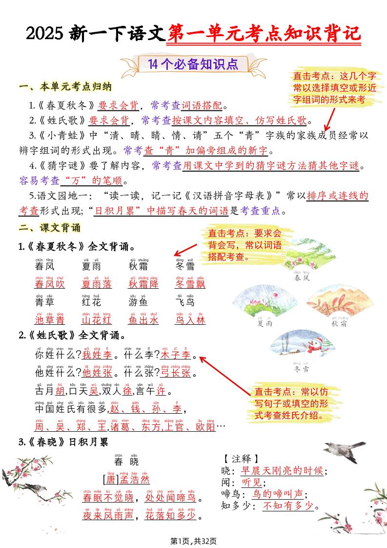 新一下语文1-8单元考点知识背记（32页）-网亿资源平台