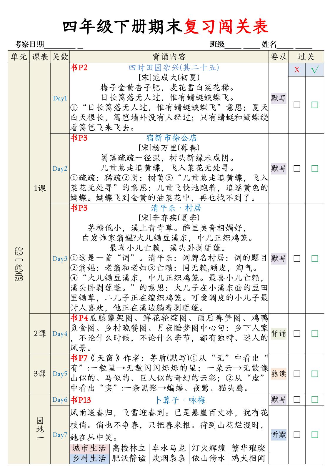 【期末复习背诵闯关表】四下语文-网亿资源平台