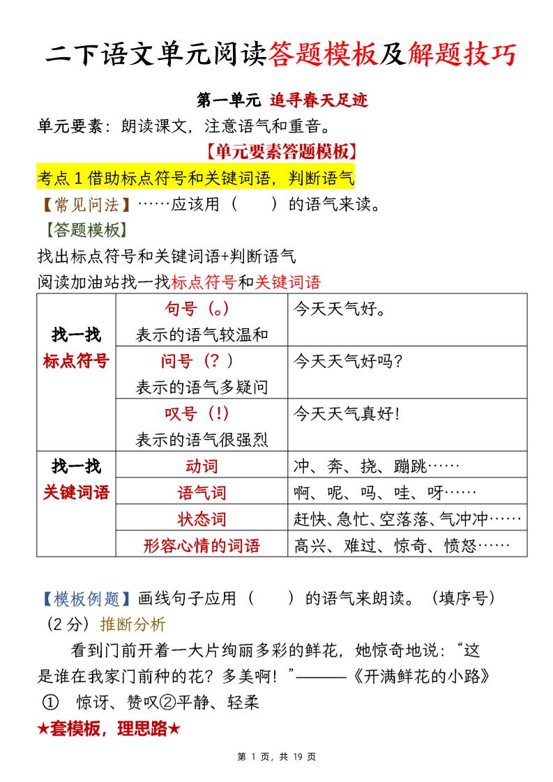 【阅读】二下语文1-8单元阅读答题模板及解题技巧（19页）-网亿资源平台
