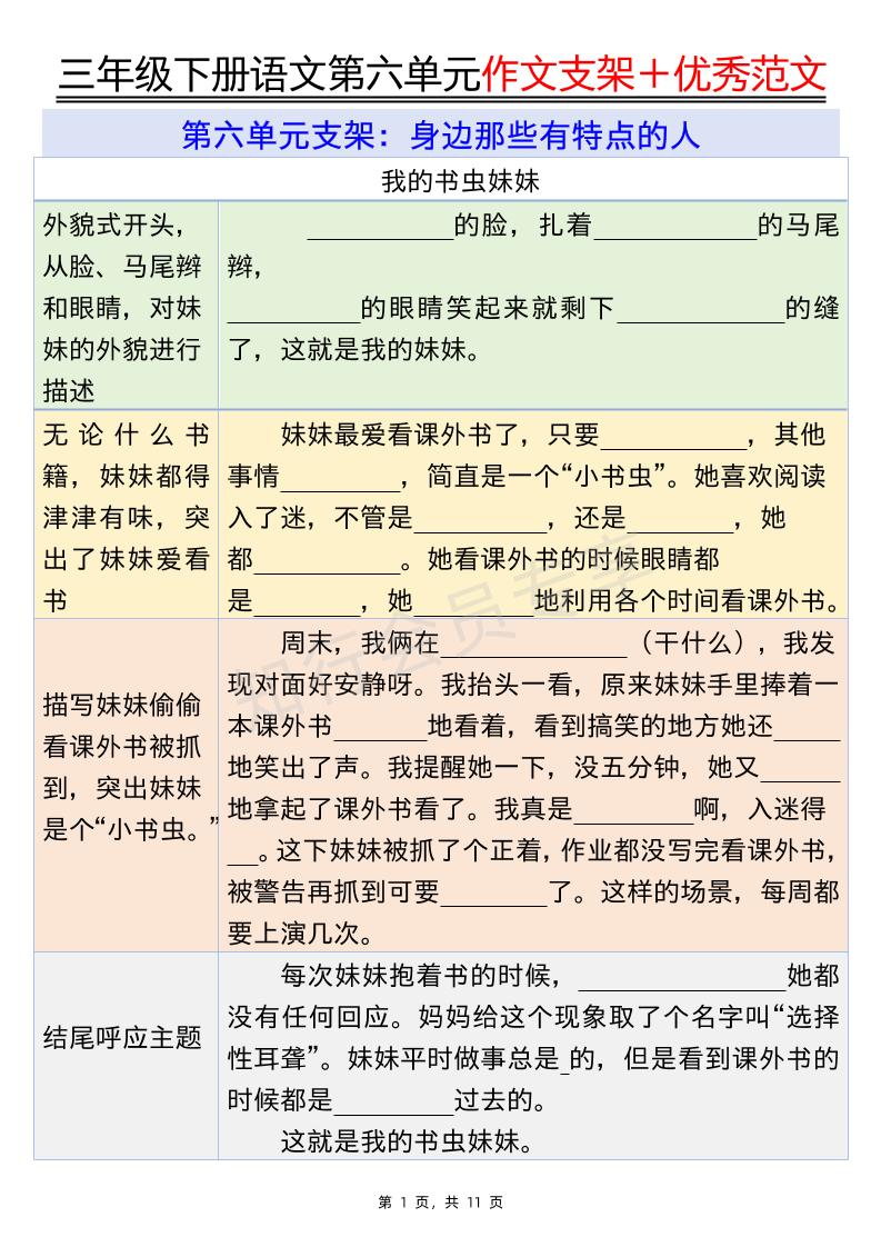 三下语文第六单元作文支架＋优秀范文（11页）-网亿资源平台