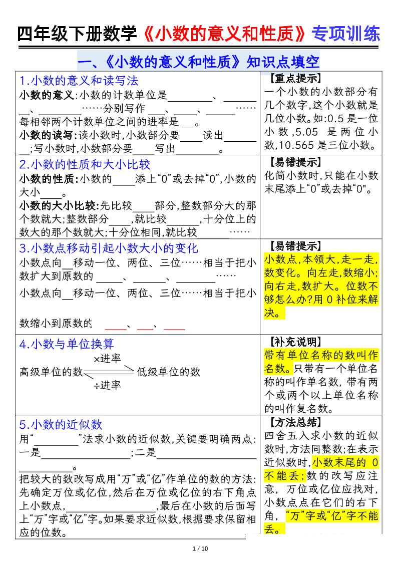 四下数学【小数的意义（空白）】-网亿资源平台