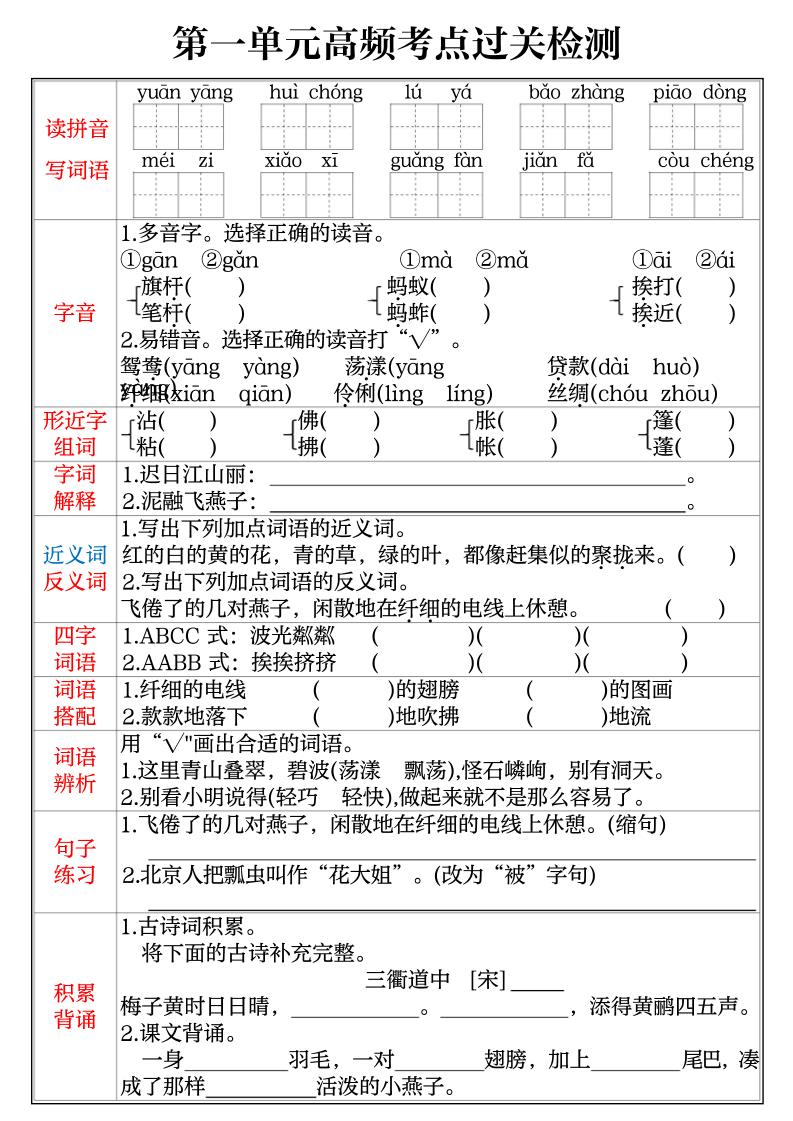 三年级下语文1-8单元高频考点过关检测-网亿资源平台