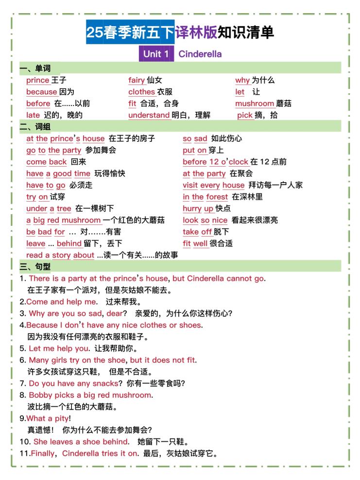 五下译林英语知识清单-柒柒资源网