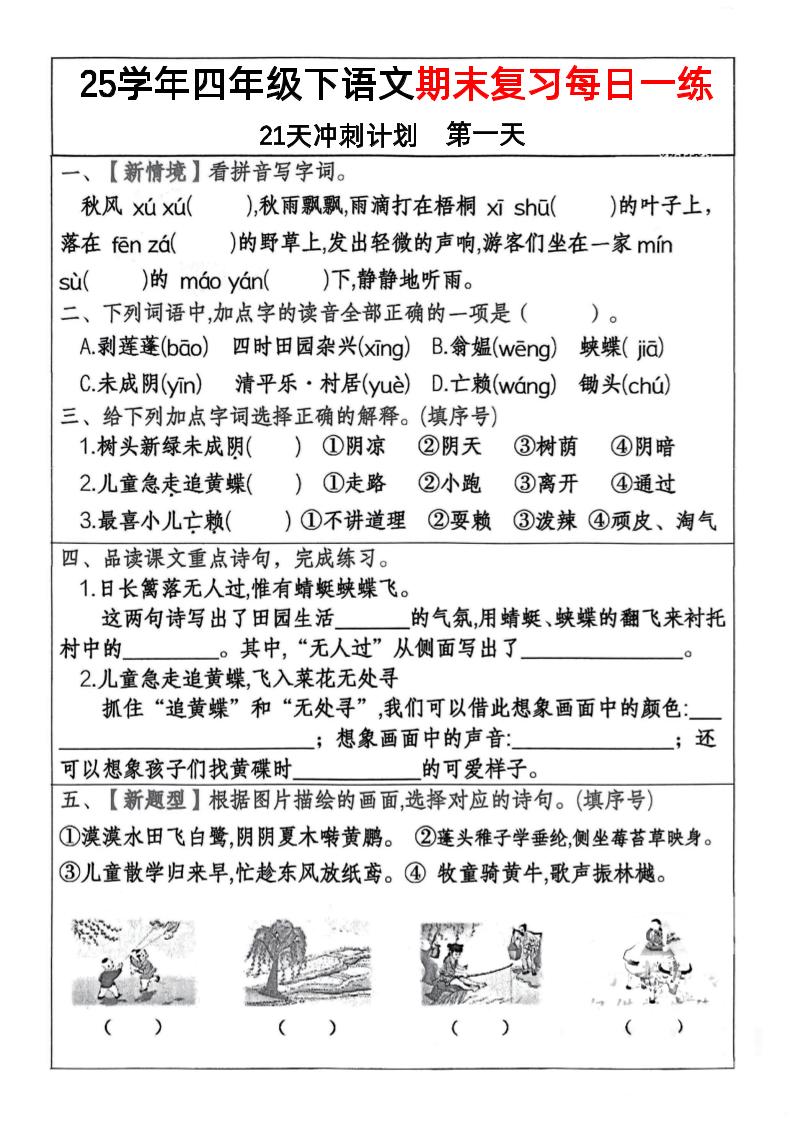 四下语文期末复习每日一练冲刺21天计划21页-网亿资源平台