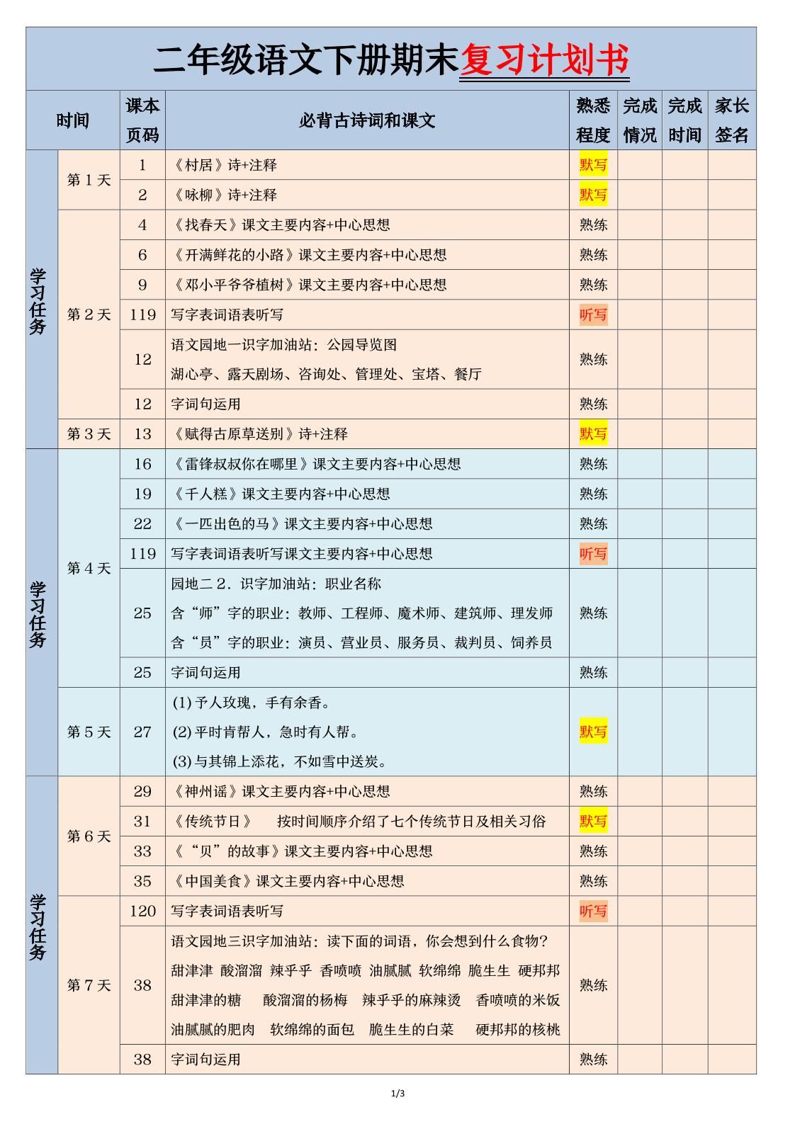 二下语文【期末三轮复习法闯关表】（3页）-网亿资源平台