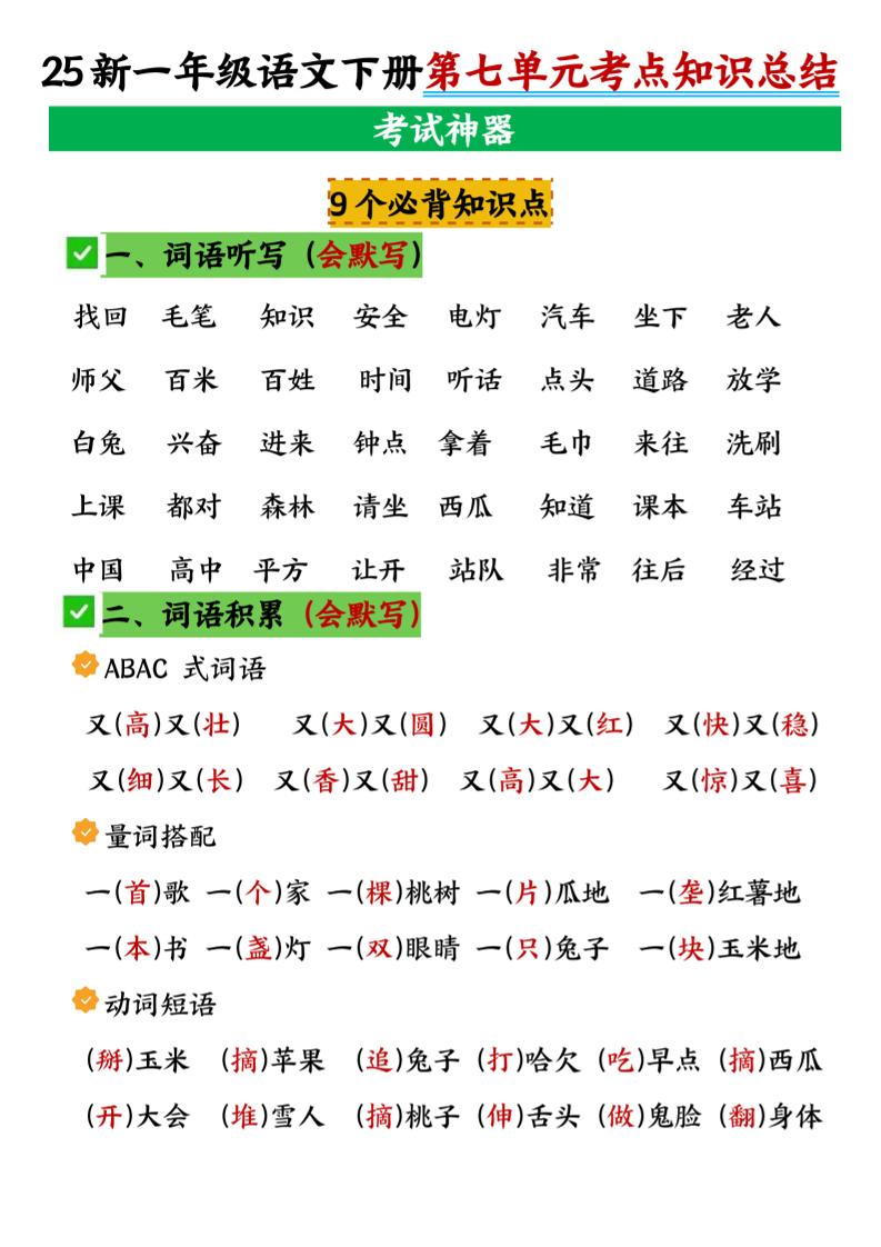 一年级下册语文第七单元考点知识汇总-网亿资源平台