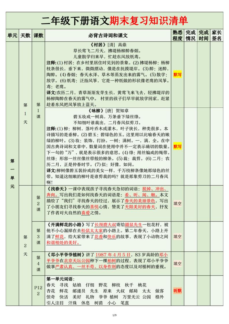 二年级下语文期末复习计划清单-网亿资源平台