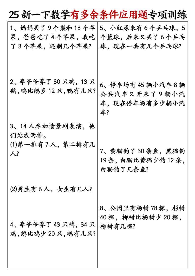 一下数学【25新《有多余条件应用题》专项训练】-网亿资源平台