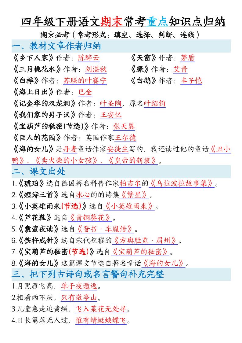 四年级下册语文期末常考重点知识点归纳-网亿资源平台