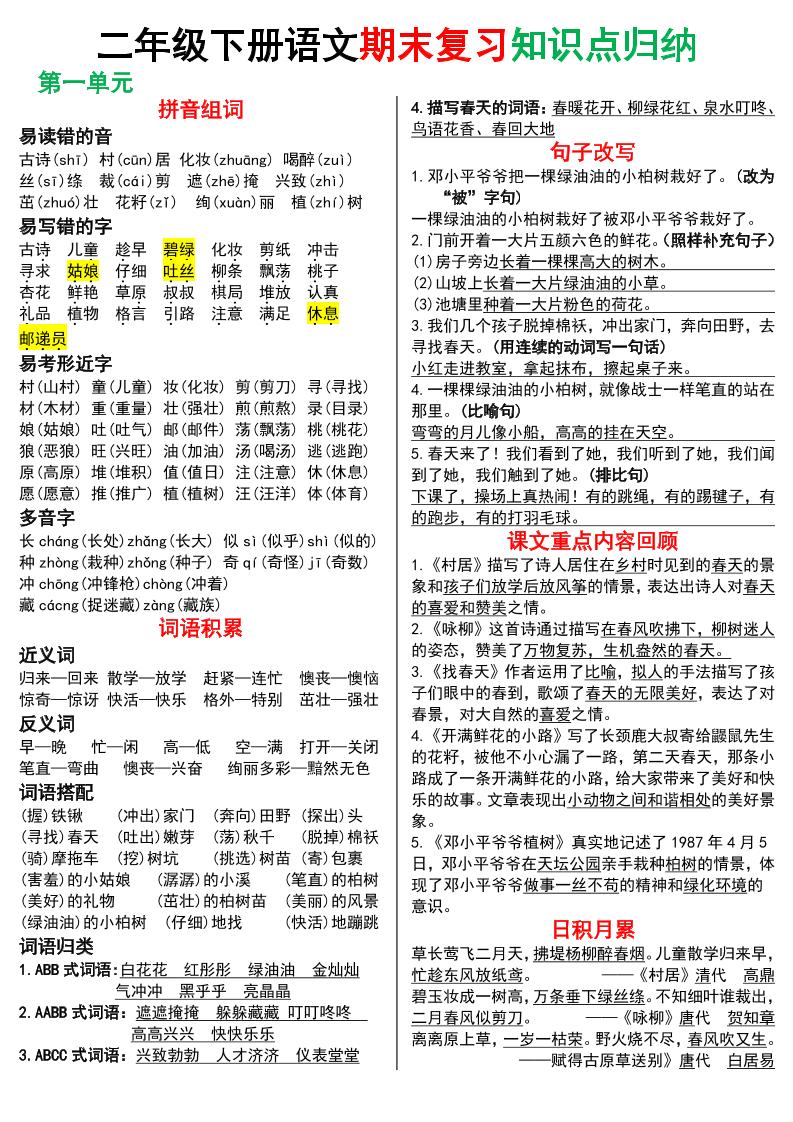 二下语文期末复习知识点归纳（8页）-网亿资源平台