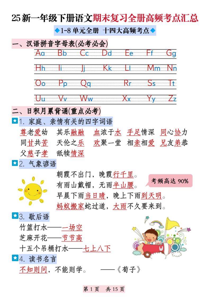 25新一下语文期末复习全册高频考点汇总（十四大高频考点）15页-网亿资源平台