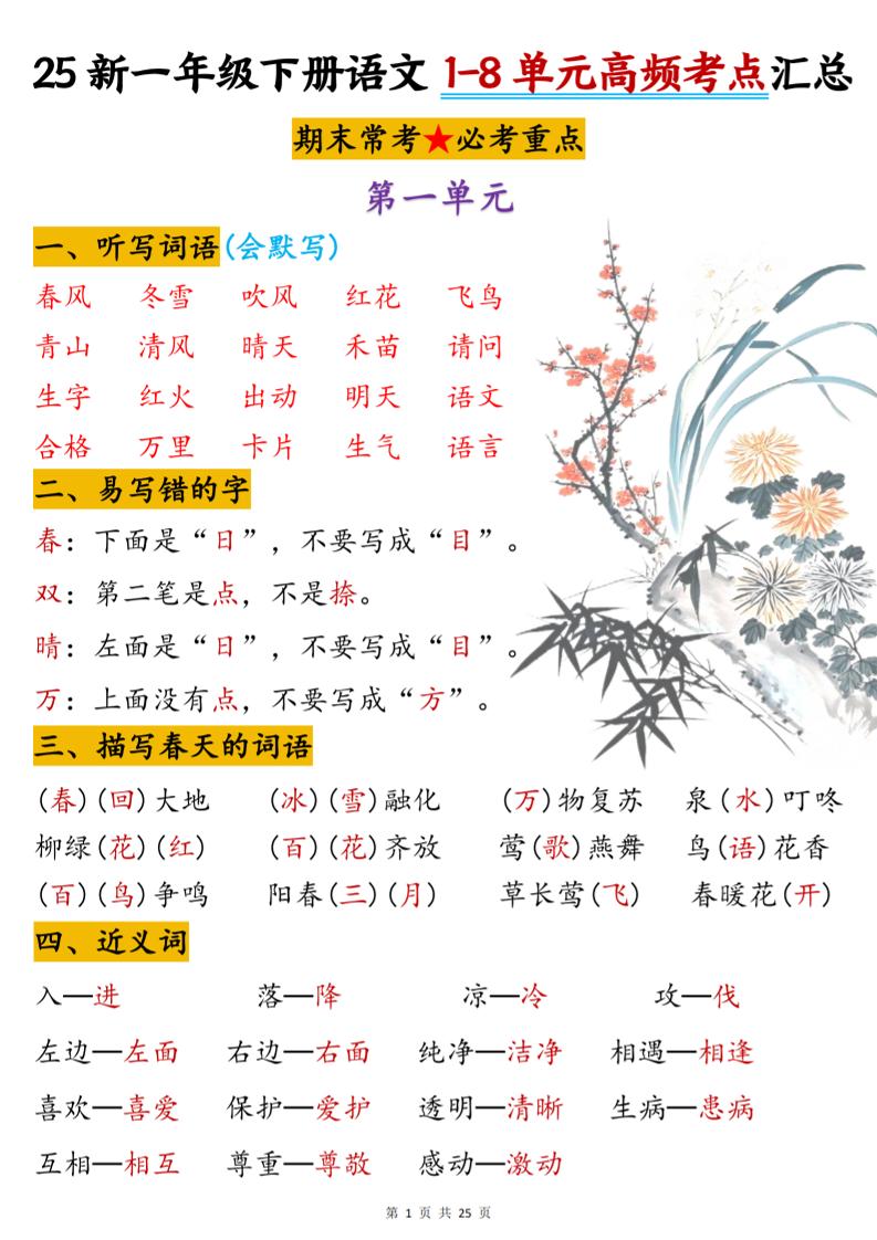 一下语文1-8单元高频考点汇总(25页)-网亿资源平台