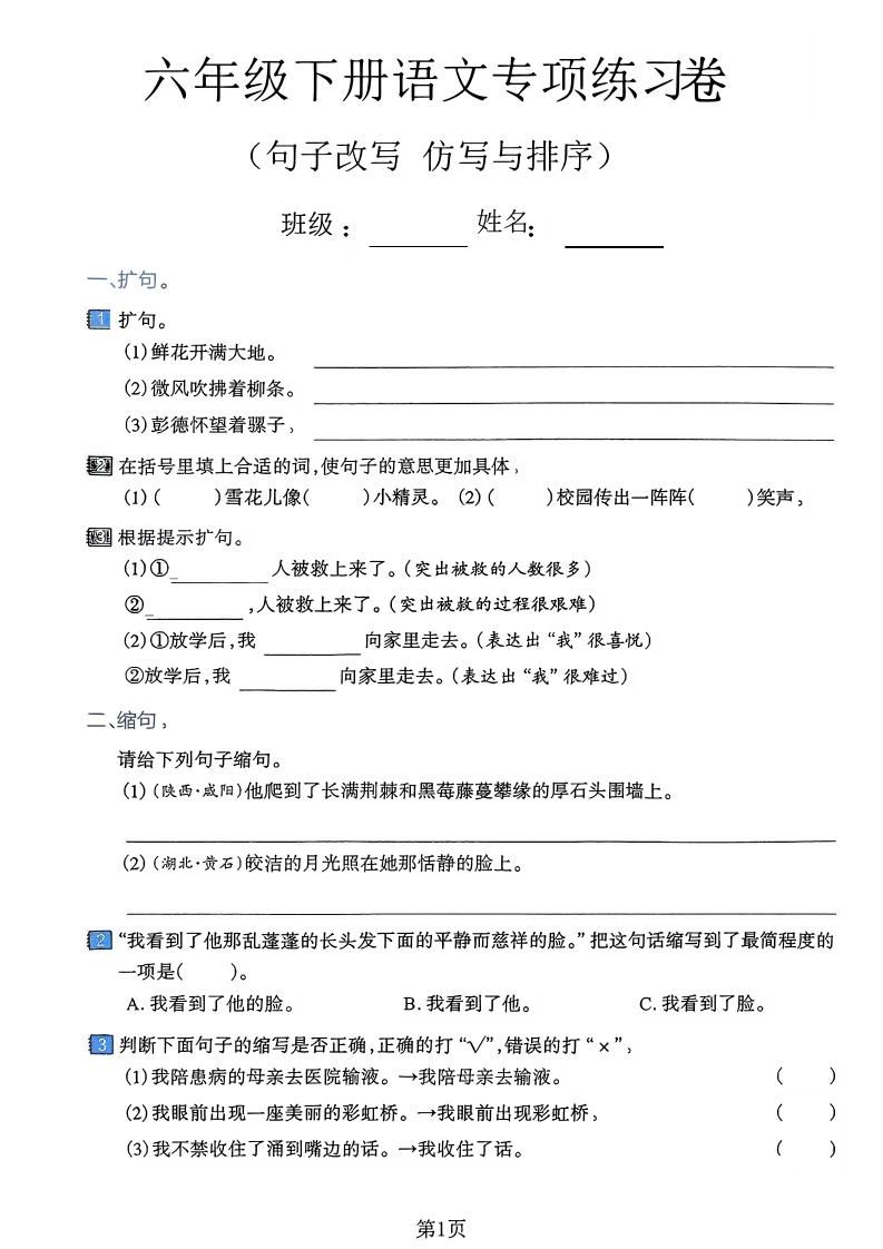六下语文句子改写仿写与排序专项练习卷-网亿资源平台