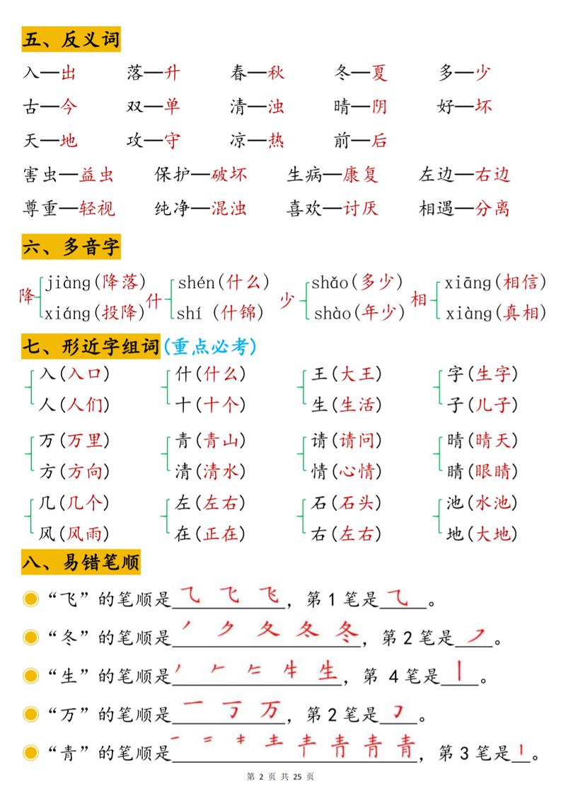 一下语文1-8单元高频考点汇总(25页)