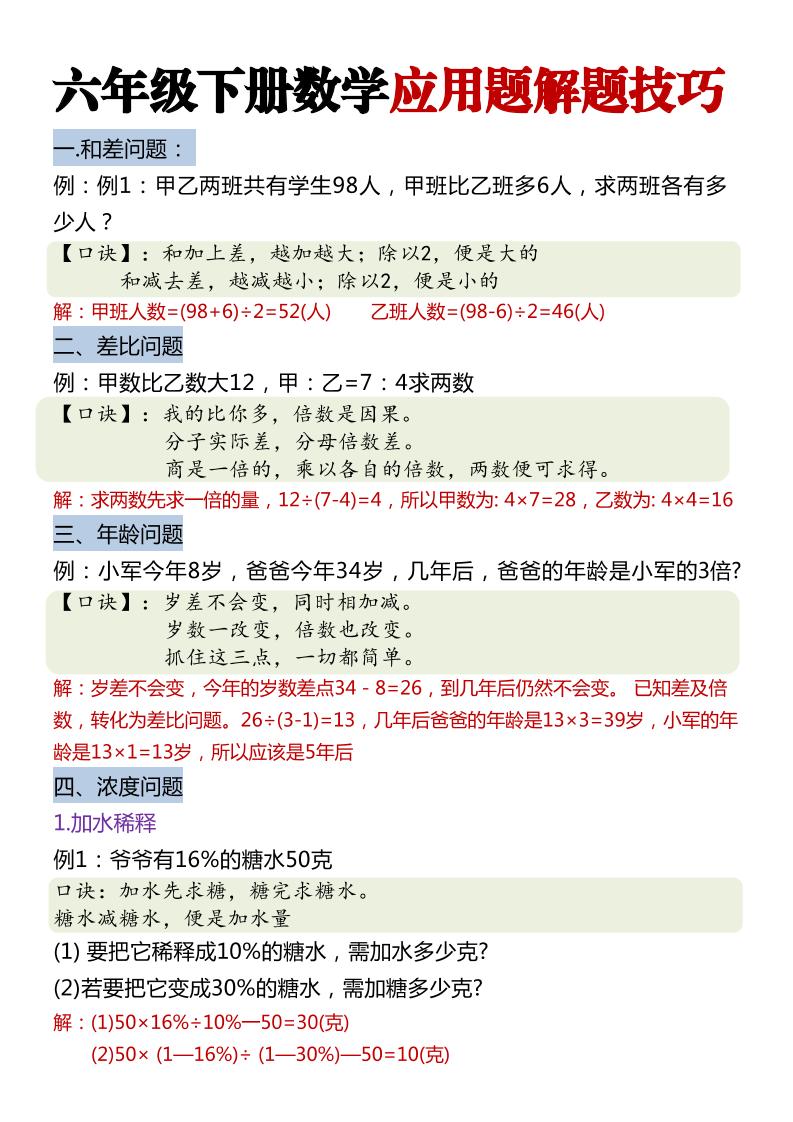 六年级下数学经典应用题解题技巧-网亿资源平台