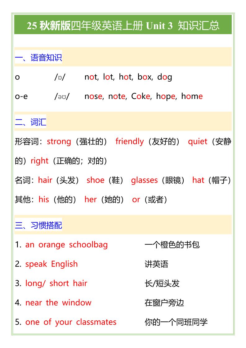 【2025秋新版】PEP版四年级英语上册Unit3知识汇总-网亿资源平台
