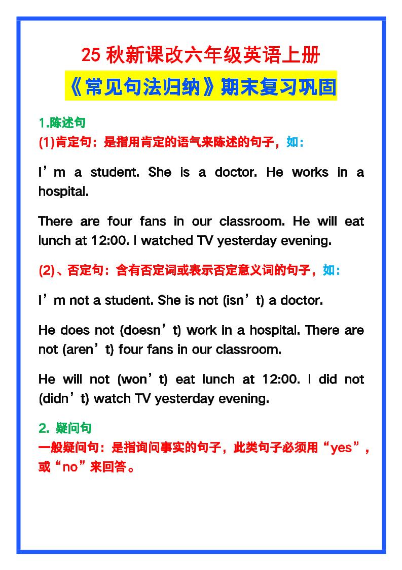 【2025秋新版】六年级英语上册《常见句法归纳》，期末复习！-网亿资源平台