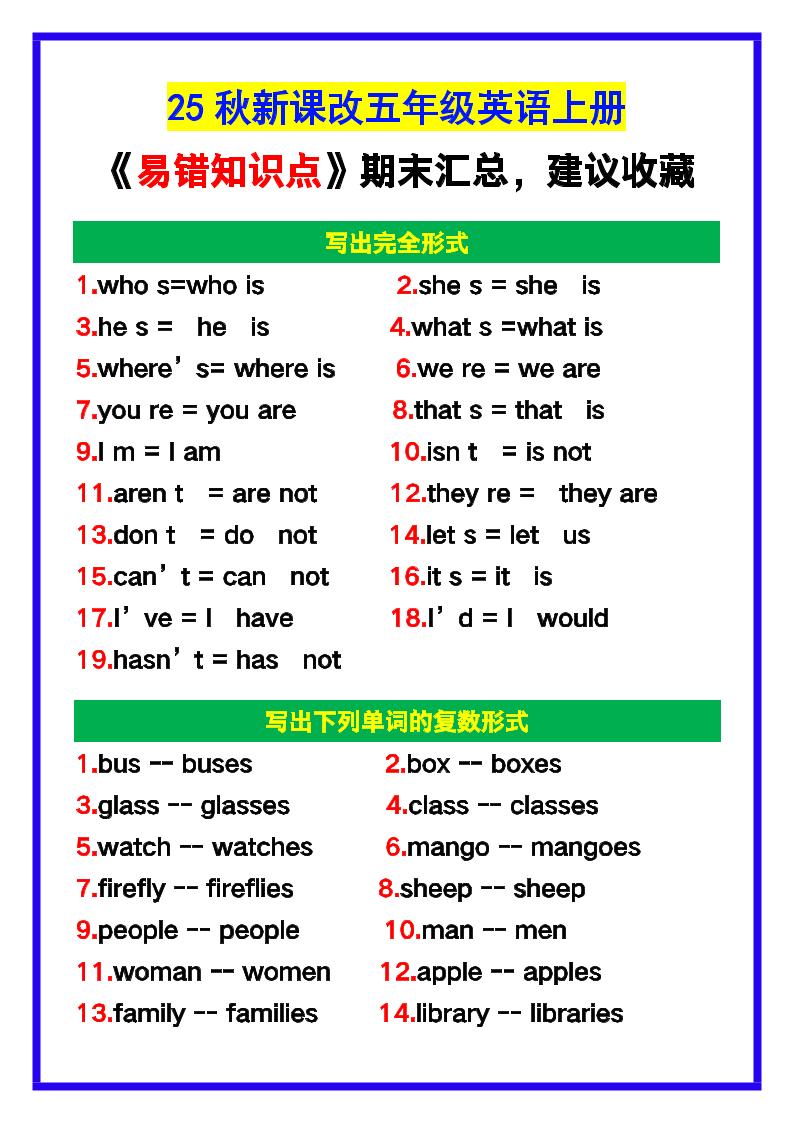 【2025秋新版】五年级英语上册《易错知识点》汇总，建议收藏！-网亿资源平台